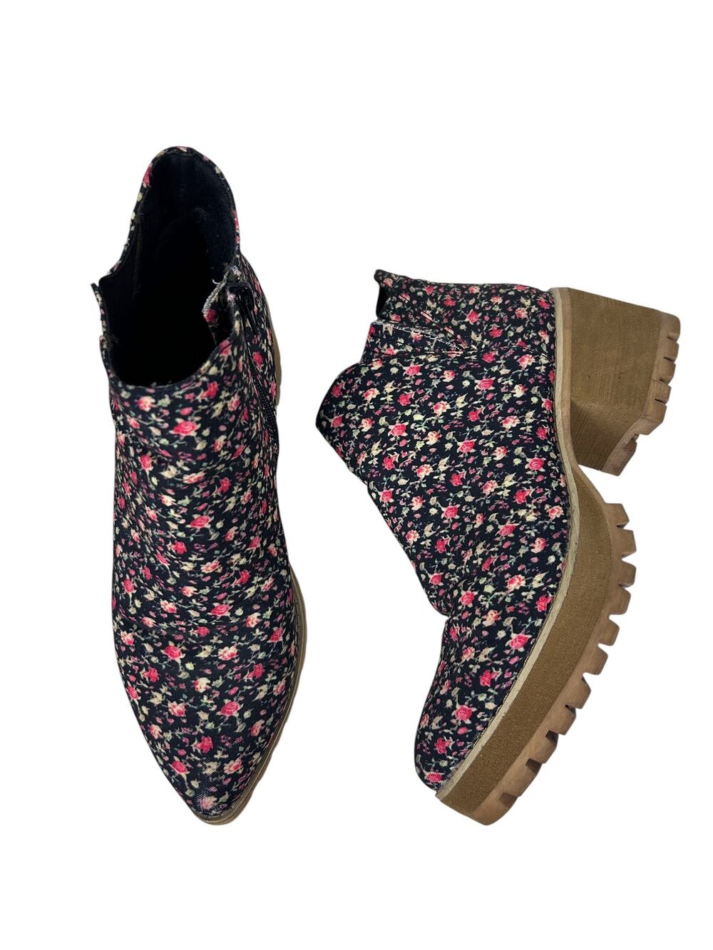 YRU Wolf Floral Pointed Toe Chunky Stacked Heel Ankle Booties 10
